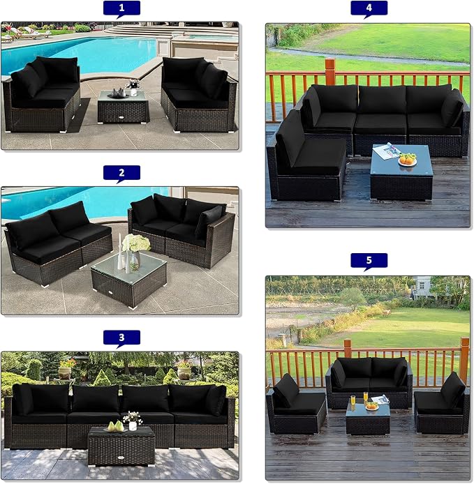 COSTWAY 5-Piece Outdoor Patio Furniture Set, PE Rattan Sofa Chairs with Cushions and Tempered Glass Coffee Table, Conversation Sofa Set for Backyard Garden (Black)
