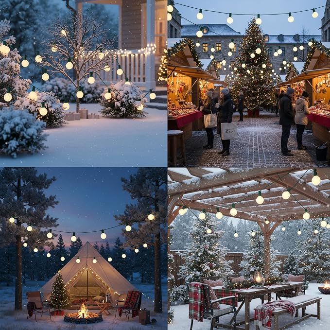 25FT G40 Christmas Lights, 25 Frosted White Bulbs, Green Wire | IP44 Weatherproof, 5W Glass Incandescent Bulbs, E12 Bases, 2 Spares, Connects Up To 3 Strands for Trees and Pergolas