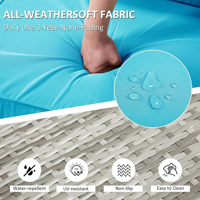 ANJ Outdoor Wicker Patio Chairs Set of 2, Modular Armless Patio Seating with Thick Cushions, All-Weather Rattan Conversation Chair Set for Porch, Balcony, Garden, Backyard, Light Grey Wicker-Turquoise