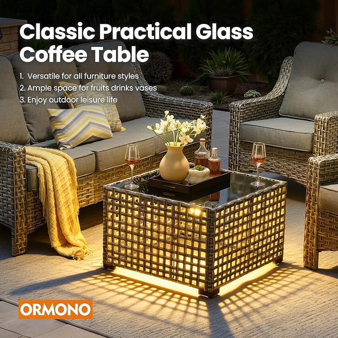 4 PCS Patio Conversation Set, All-Weather High Back Wicker Outdoor Patio Furniture Sets with Two Single Chairs, Solar Light Coffee Table,Outside Furniture for Porch Backyard Balcony,Dark Grey