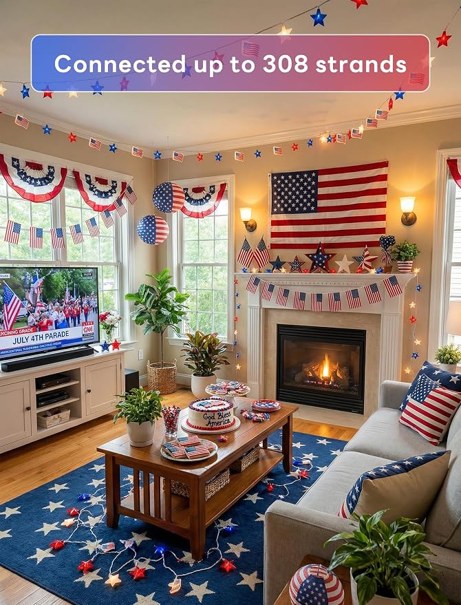 35 LED Red White Blue String Lights, 13.6FT 4th of July Decoration Lights with Patriotic Star & American flag Lights, Connectable Independence Day Lights for Window Home Patio Party Garden Decor