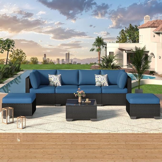 7 Piece Outdoor Patio Furniture Set with Cushions, PE Rattan Wicker Sectional Furniture Chair Set with Tea Table, Modular Patio Sofa for Garden, Backyard, Balcony Outdoor Lounge Area(Blue)
