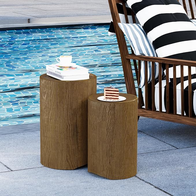 HOMPUS Outdoor Concrete Side Table Set of 2, Outdoor Nesting Table Round w Faux Wood Modern Vintage MgO, Lightweight Functional Patio Accent Table for Indoor Outside, Garden, Deck, Poolside, Brown