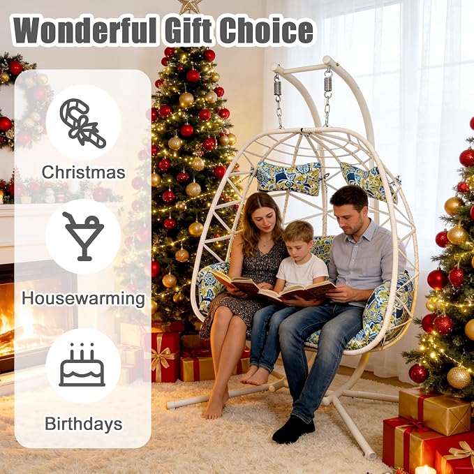 2 Person Double Hanging Egg Chair, Oversized Wicker Rattan Loveseat Swing Chair, Heavy Duty 600lbs Capacity, Foldable Basket Hammock Chair with Thick Cushion for Indoor Outdoor Patio Bedroom