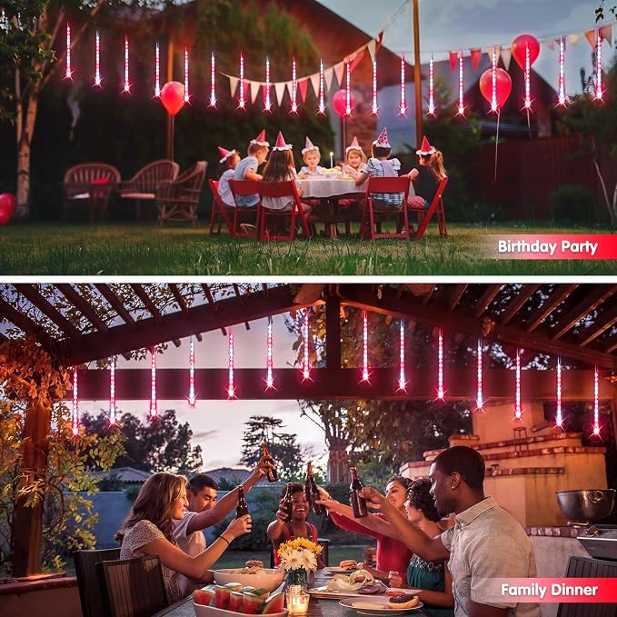 JMEXSUSS Red and White Solar Meteor Shower Rain Lights | 8 Tube 144 LED Solar Christmas Lights for Party Holiday Yard Patio Decorations