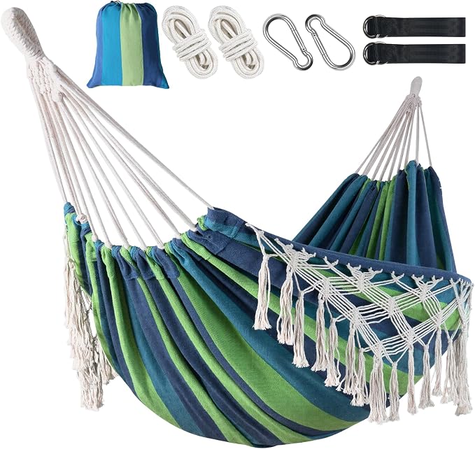 Posprica Brazilian Style Double Hammock with Fringe, 2 Person Patio Hammock for Backyard & Indoor Relaxation, Soft Breathable Fabric, Easy Setup with Straps & Carry Bag, 360 lbs Capacity