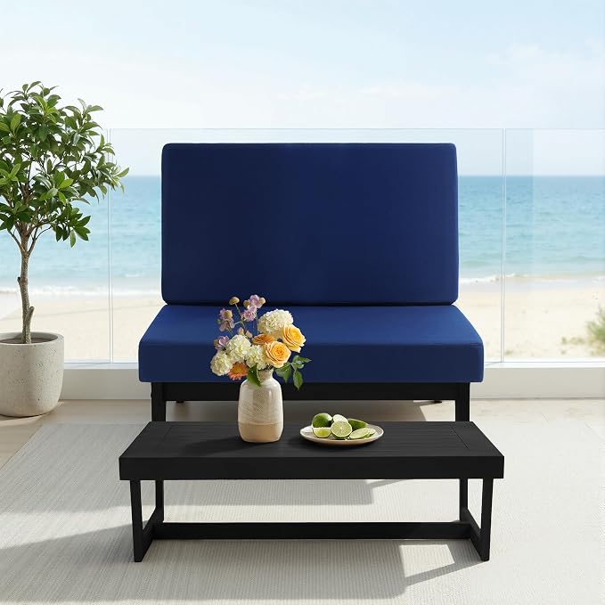4 Piece Teak Outdoor Patio Frutnire Set, 4 Seater Patio Conversation Sets with Thick Cushions, Outdoor Sectional Furniture with Coffee Table - Navy Blue