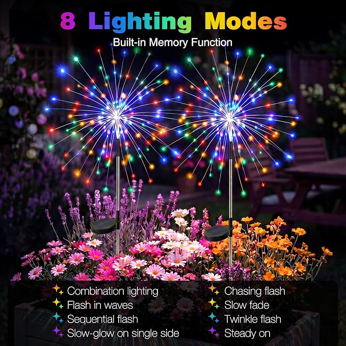 btfarm 4 Pack Solar Garden Lights Outdoor, 8 Modes Firework Lights Outside | 120LED, Waterproof Fairy Twinkle Light Solar Powered for Yard Christmas Pathway Lawn Pool Patio Decorative, Multicolor