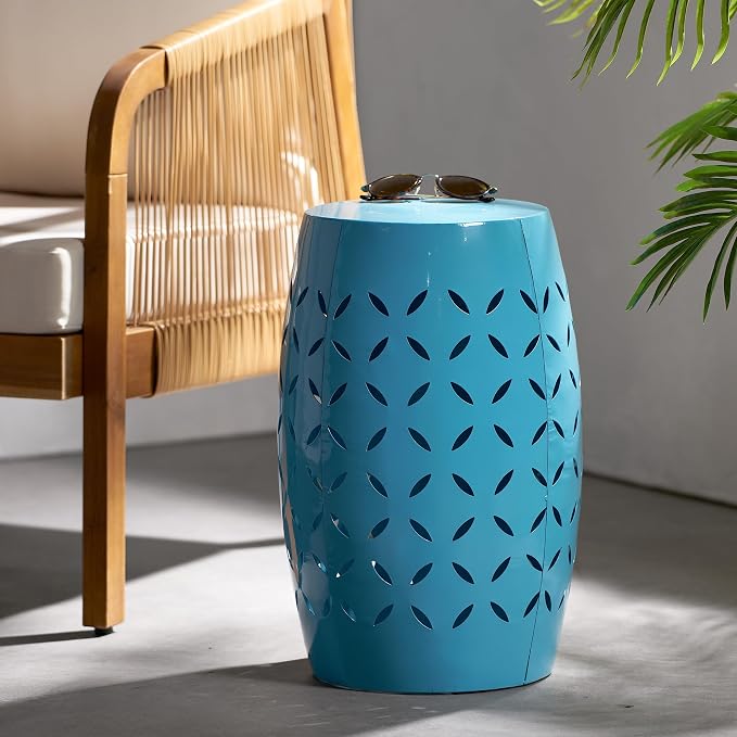 12" Outdoor Side Table, Metal Round Side Table, Multi Functional Decorative Cutout, Coffee Table, Night Stand, Plant Stand for Patio, Garden, Backyard, Gazebo Indoor (Blue)