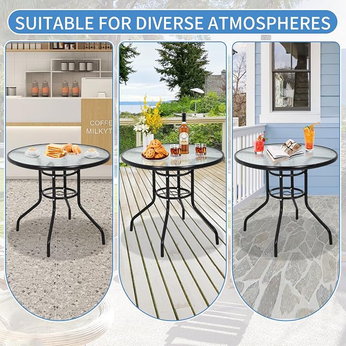 32" Outdoor Patio Table with Umbrella Hole Round Outdoor Coffee Table Tempered Glass Top, All Weather Dining Table Bistro Table Suitable for Backyards, Balconies, Gardens and Lawns (Round)