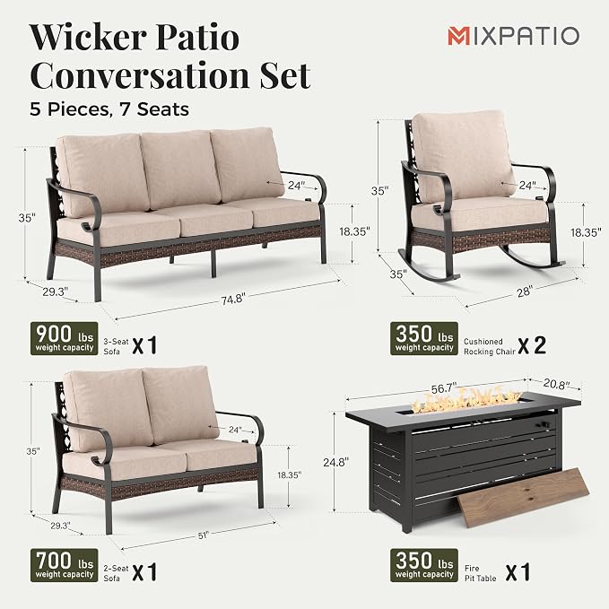 MIXPATIO Patio Furniture Set with Fire Pit Table, Metal Outdoor Conversation Set with 5.75'' Extra Thick Cushion, 2 Rocking Chairs, Loveseat Sofa, 3-Seat Sofa and Gas Fire Pit Table, Beige