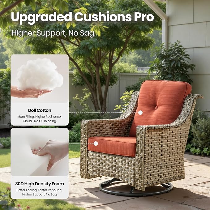 5 Pieces Patio Conversation Set,Wicker Swivel Rocking Chair and Coffee Table,All Weather Rattan Patio Furniture Set for Garden,Backyard,Poolside and Patio,Bold Orange