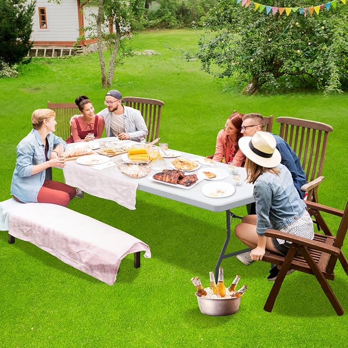 Folding Event Table, Heavy Duty Picnic Table Indoor Outdoor Camping, 8FT Portable w Handle Lock for Banquet, White