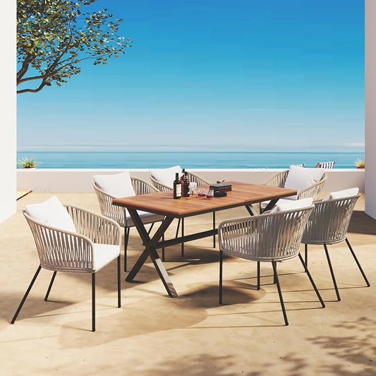 7 Pieces Patio Dining Set, All-Weather Outdoor Furniture Set with Dining Table and Chairs, Acacia Wood Tabletop, Metal Frame, for for Garden, Backyard, Balcony, Beige