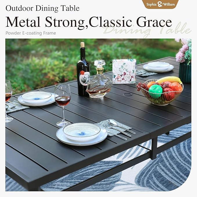 Sophia & William Patio Dining Set for 8, Metal Table & Aluminum Chairs | Rectangle table, Grey Stackable Chairs, Breathable & quick-drying, Light-weight & space-saving, Umbrella Hole, Outdoor