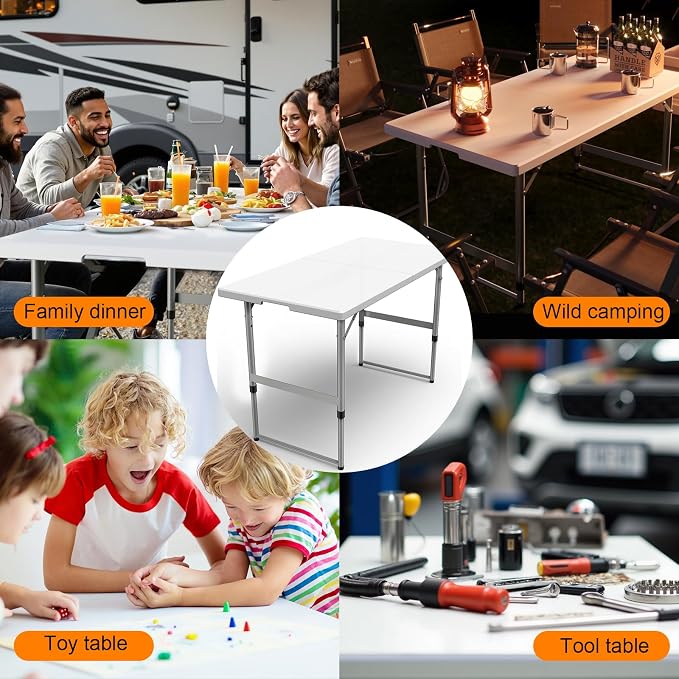 VTOY 4FT（24" x 48"） Folding Table, Indoor Outdoor Heavy Duty Table with Carrying Handle,Placstic Fold up Table for Picnic, Party, Camping，Office - White (4FT)