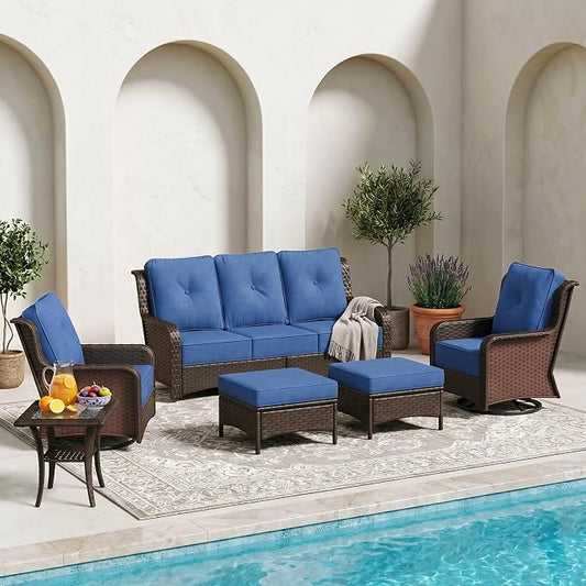 Sundale Outdoor 6 Piece Wicker Patio Furniture Set, High Back Outdoor Couch with Swivel Chairs & Ottoman, 6" Thick Cushion Patio Conversation Sets with Deep Seating for Yard, Deck (Blue)