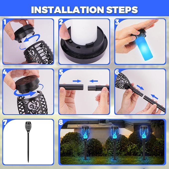 8 Pack Solar Lights Outdoor, Blue Flickering Flame Torches | Blue Flickering Flame, Long Nighttime Glow, Auto-On at Dusk, IP65 Weather-Resistant, Tool-Free Ground Setup