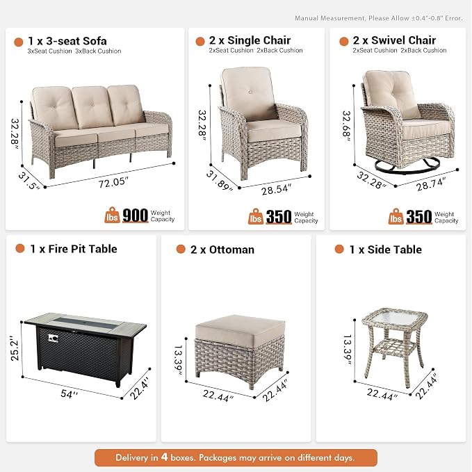 9 PCS Outdoor Patio Furniture Set with Fire Pit Table and Swivel Rocking Chairs,All Weather Wicker Rattan Patio Seating Sofa and Chair Set with Ottomans,Outdoor Conversation for Porch Deck Yard,Beige