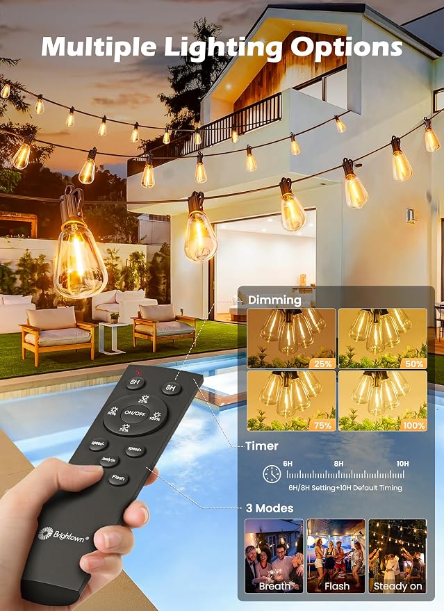 Brightown 78FT Solar String Lights Outdoor, 35+1 Shatterproof LED Bulbs | Waterproof, Remote Control, Dimmable, Timer, 3 Light Modes, Up to 26H Runtime for Backyard, Patio and Party Decor