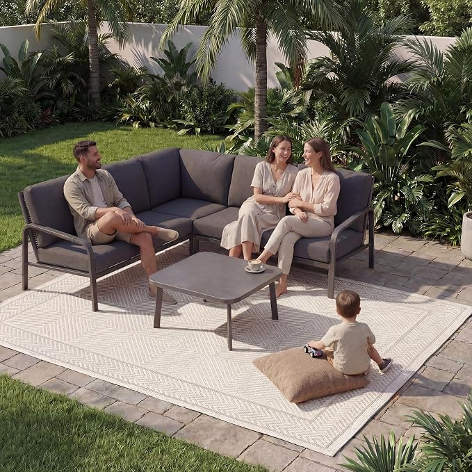 Aluminum Outdoor Patio Furniture Set, L-Shaped Sectional Sofa with Coffee Table, Modern Outdoor Conversation Set with Waterproof Cushions for Backyard, Deck, Balcony & Porch, Gray