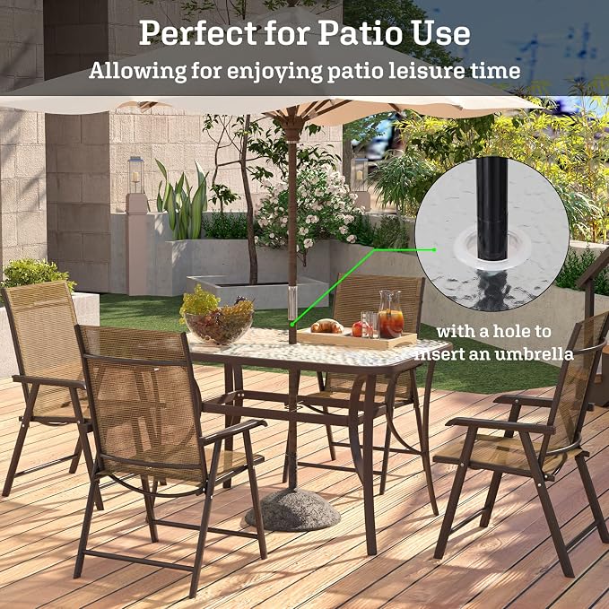 soges 47in Outdoor Patio Bistro Coffee Tea Table, Rectangular Tempered Glass Steel Frame Dining Table with Umbrella Hole,All Weather Outside Desk for Garden Balcony Backyard, Brown 30LHYW-OT02BR120
