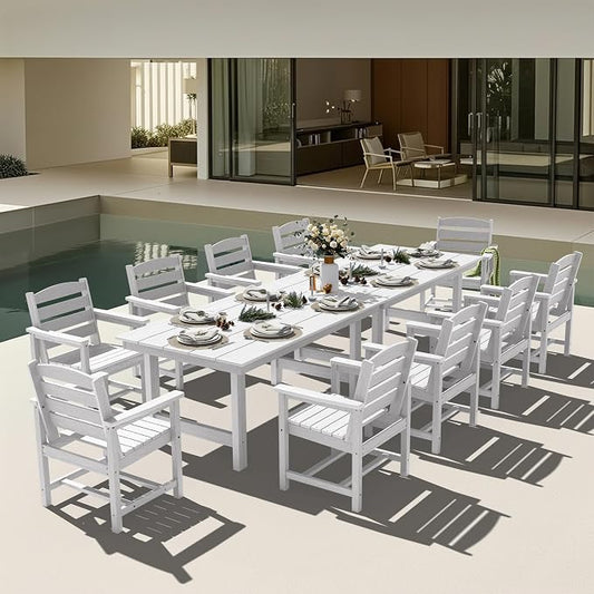 KINGYES 12 Piece Patio Dining Set, HDPE Outdoor Table and Chairs Set with Umbrella Hole, White