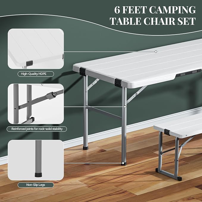 6FT All-in-One Folding Table and Chair Set, Seats 6-8, Chairs Store Inside to Form Carrying Case, Heavy Duty HDPE & Steel, Portable Space-Saving for Outdoor, Party, Camping, Picnic, White