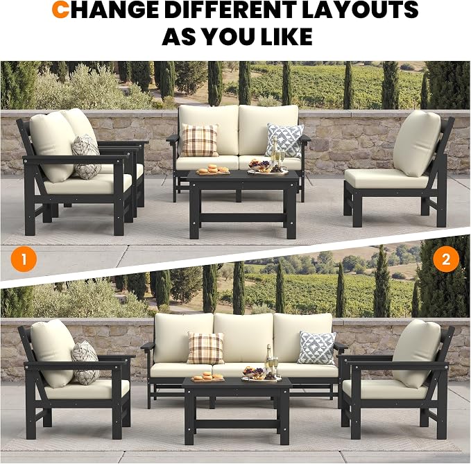 UDPATIO 6 Pieces Patio Furniture Sets HDPE Outdoor Furnitue Modular Sofa Set with Cushion All Weather Conversation Set for Deck Yard Garden Poolside
