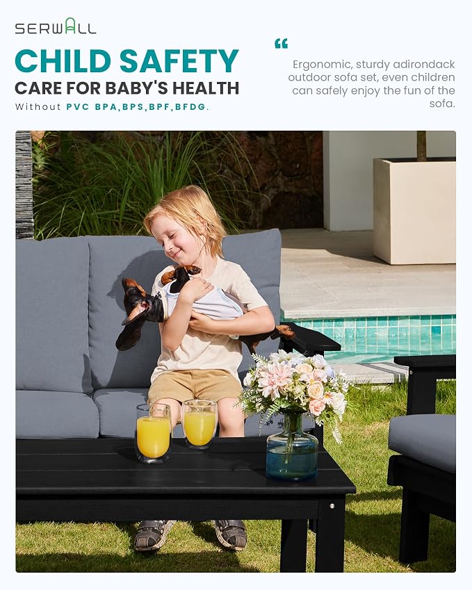 SERWALL HDPE Outdoor Couch, Black Frame and Grey Cushion