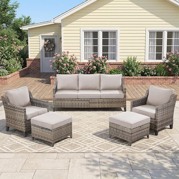 Belord Patio Chairs Set of 2 with 3-Seater Sofa, Outdoor Rattan Chairs for Deck Porch Garden, 5 Piece Patio Conversation Furniture Set,Beige