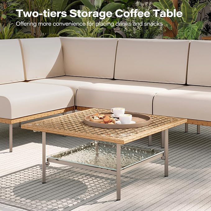 LAUSAINT HOME 5-Piece Outdoor Patio Furniture Set, Wicker Outdoor Conversation Set PE Rattan Sectional Sofa with Washable Cushions and Tempered Glass Table for Garden (Beige)