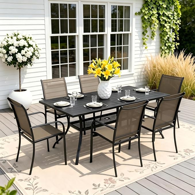 Crownland 7 Piece Patio Dining Set, Outdoor Textilene Dining Sets, 6 Textilene Metal Chairs and Rectangular Outdoor Dining Table with 1.57" Umbrella Hole (Brown)
