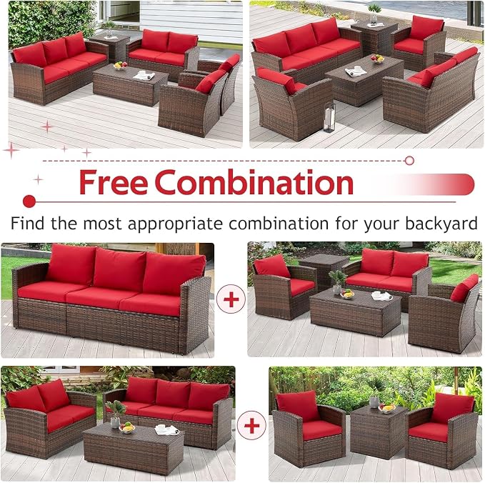 7 PCS Outdoor Patio Furniture Set with Storage Boxes & Cover, Rattan All-Weather PE Wicker Sectional Sofa Conversation Set for Backyard Garden Deck, Cushions Included