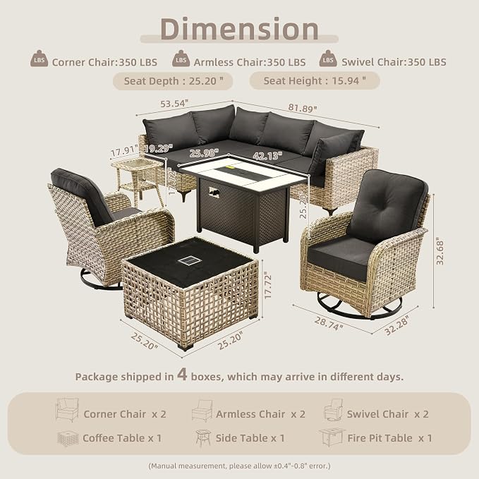 CAODOC 9-Piece Outdoor Sectional Sofa Set w/ 42" Fire Pit – L-Shaped Wicker Patio Furniture, Deep Seating & Swivel Rockers,Black