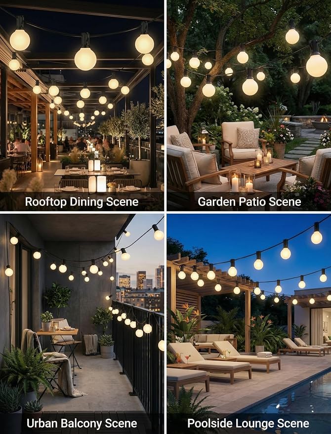 25FT G40 Christmas Lights, 25 Frosted White Bulbs, Green Wire | IP44 Weatherproof, 5W Glass Incandescent Bulbs, E12 Bases, 2 Spares, Connects Up To 3 Strands for Trees and Pergolas