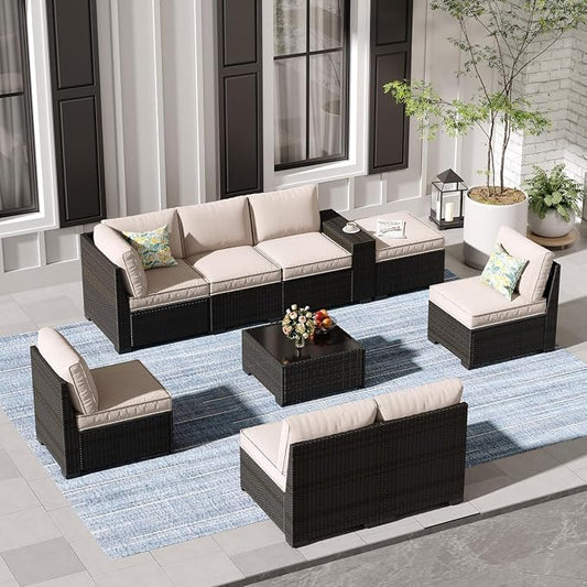 9-Piece Patio Furniture Set with All-Weather Wicker Sectional Sofa, Rattan Outdoor Conversation Seating with Cushions, Tempered Glass Coffee Table and Ottoman for Porch and Garden Relaxation(Beige)