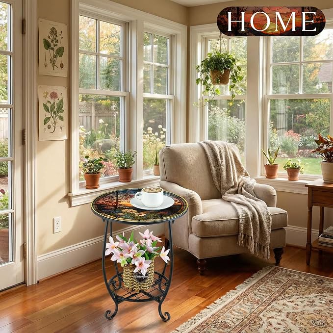 Cinnvoice Outdoor Side Table Round Small Mosaic Patio Accent Indoor End Plant Coffee Tea Table for Yard Patio Porch Garden Living Room, Bedroom(Sunset and Flowers,14 Inch)