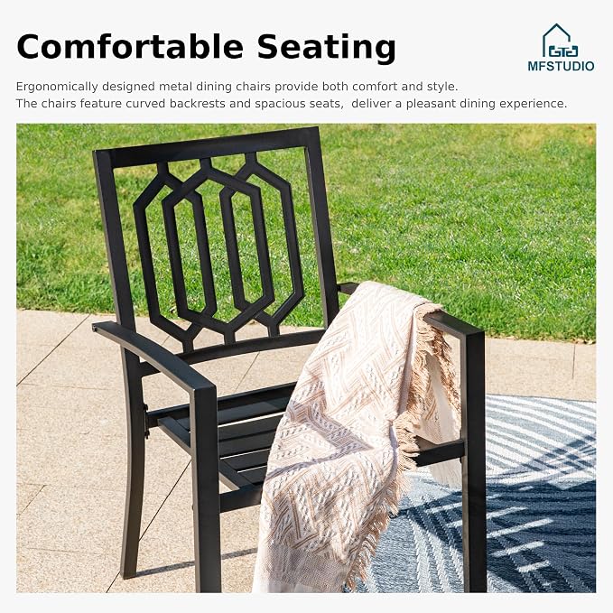 MFSTUDIO Round Patio Table and Chairs Set, Outdoor Dining Set for 6 with Umbrella Hole, Metal Patio Furniture Dining Set for Deck Backyard Poolside Garden