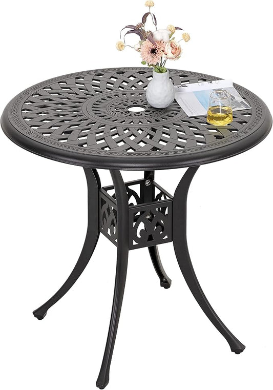 NUU GARDEN 30 Inch Patio Dining Table, Cast Aluminum Round Outdoor Table with Umbrella Hole for Patio, Backyard, Deck Black