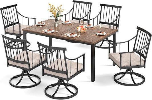 PHI VILLA 7 Piece, Outdoor Dining Set, 65"x39" Table, Umbrella Hole | Metal, Swivel Chairs, Cushions, Weather-Resistant, Rust-Resistant, 300 lbs Capacity