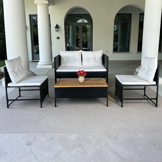 GIANGSUNNY 4 Piece Patio Furniture Set with Acacia Wood Table, Outdoor Hand-Woven Wicker Rattan Conversation Set, Weather-Resistant Seating for Patio, Balcony, Porch, Garden (Black)