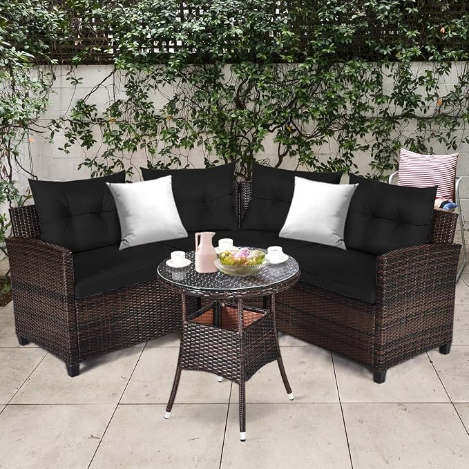 Tangkula 4-Piece C Shape Patio Furniture Set, Outdoor Corner Wicker Rattan Sectional Cushioned Sofa Set, with Glass Coffee Table, for Garden Poolside Balcony (Black)