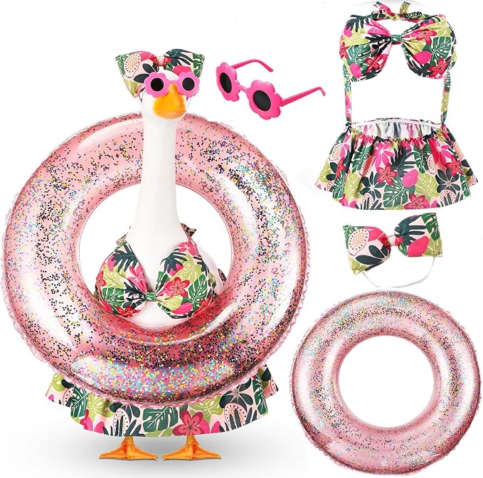 Summer Lawn Goose Outfit Set, Floral Bikini Costume with Glitter Swim Ring Flower Sunglasses Bow Headband, Fits Standard 23 Inch Porch Goose Statue, Outdoor Garden Yard Decor