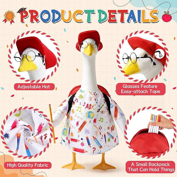 Back to School Porch Goose Outfit with Schoolbag for 23" Statue | Perfect for back-to-school themes for Class, Lawn, Yard, Garden Decor with Durable outdoor fabric