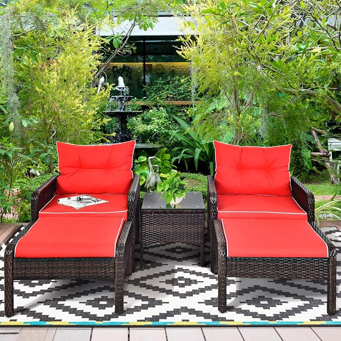 COSTWAY 5 PCS Patio Rattan Furniture Set, Outdoor Cushioned Sofa with Ottomans and Coffee Table, Wicker Conversation Set for Backyard Porch Lawn Poolsid, Red
