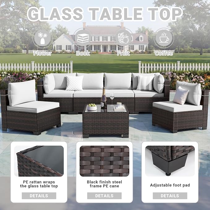 LAFWLL 7 Pieces Outdoor Patio Furniture Sets,Rattan Conversation Sectional Set,Manual Weaving Wicker Patio Sofa with Tea Table