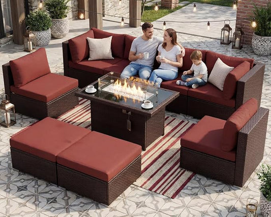 BULEXYARD 9 Piece Highback Patio Furniture Set with Fire Pit Table, Modern Modular Outdoor Sectional Couch Sofa with Ottoman, 8-Person Backyard Seating for Outside, Deck, Brown Wicker & Red Cushion