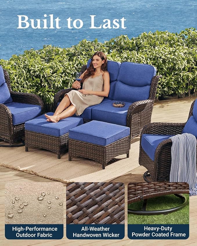 HILLGA Luxury Outdoor Patio Furniture Set with 6-Inch Thick Cushions, High Back Wicker Swivel Rocker Chairs, 5 Pcs All Weather Conversation Set for Large Deck, Yard and Poolside, Blue (V3)