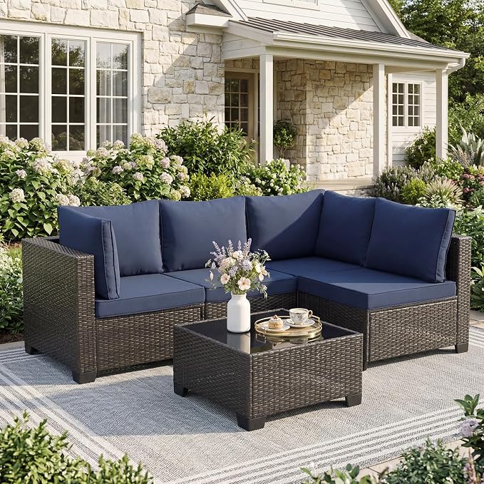 ANJ 5 Piece Outdoor Wicker Patio Furniture Set, Modular Loveseat Sofa with with Glass Top Coffee Table, All-Weather Rattan Conversation Couch Set for Balcony, Backyard, Dark Brown Wicker-Blue